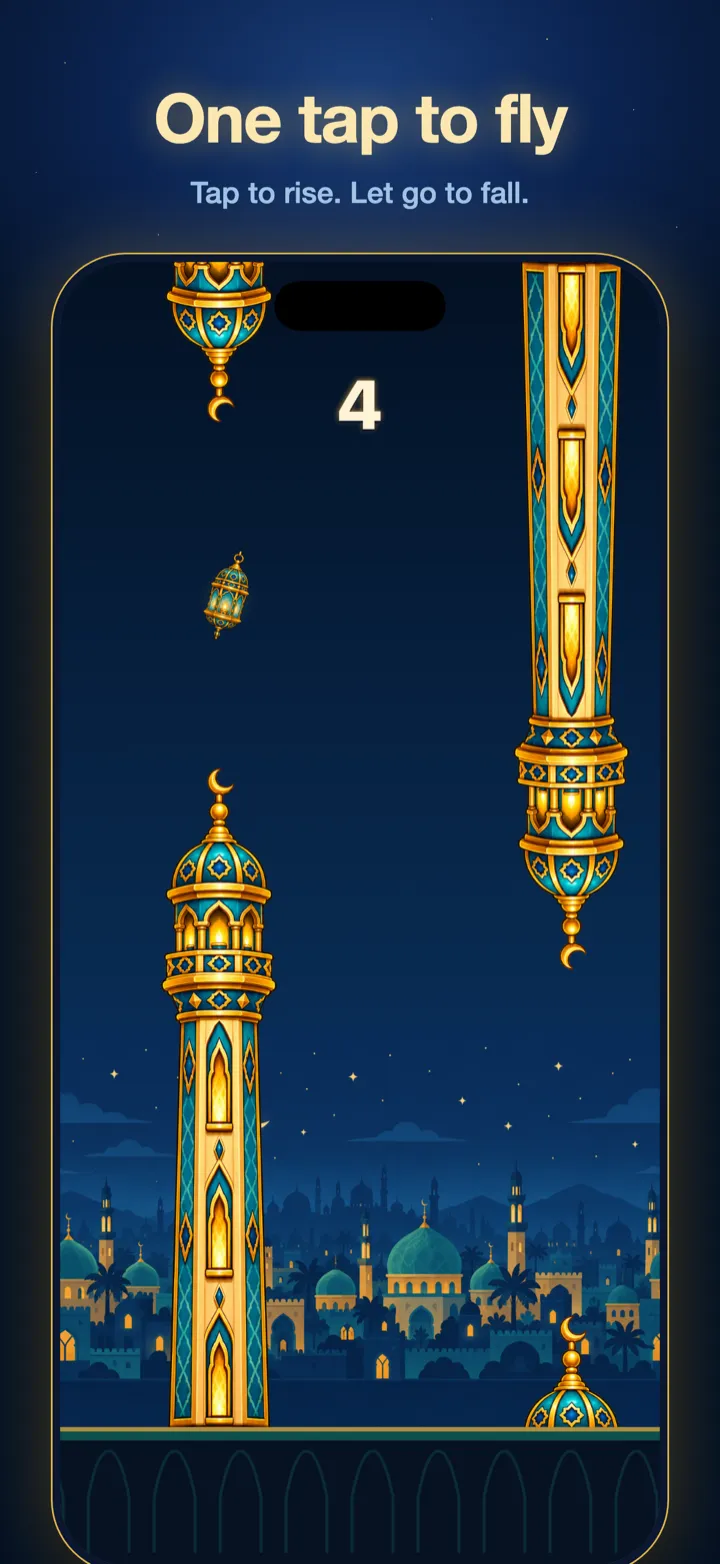 Noor Flight gameplay: a lantern flying between two minarets, with the caption "One tap to fly"