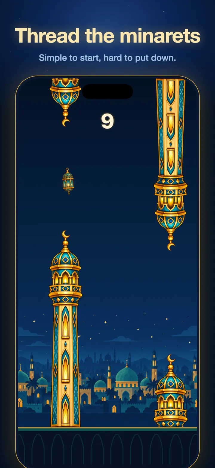 Noor Flight gameplay with a score of 9 and the caption "Thread the minarets"