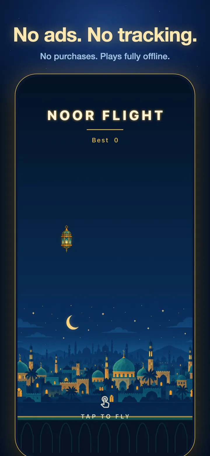 Noor Flight title screen over a night city, with the caption "No ads. No tracking."